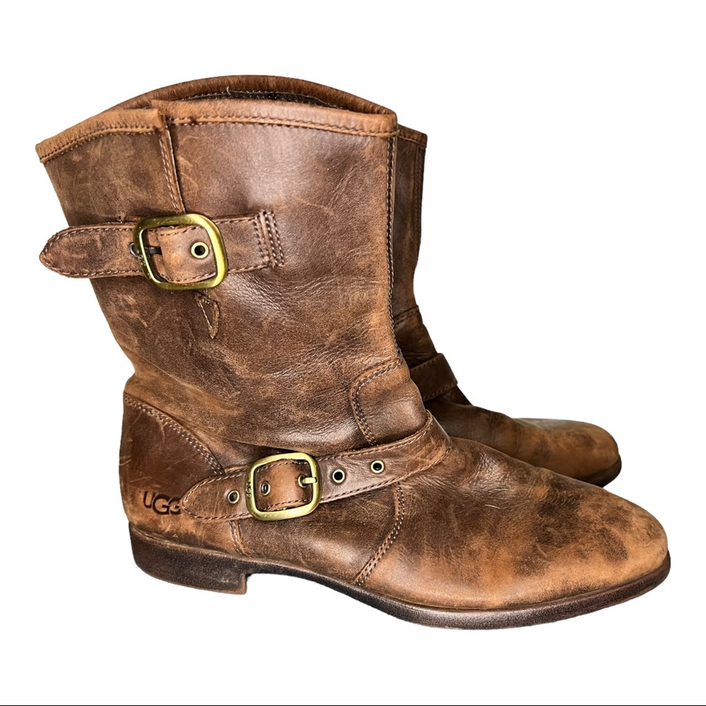 UGG NATURALLY DISTRESSED BROWN LEATHER FRANCES FLAT HEEL BOOTIE W/ BUCKLES SZ 7